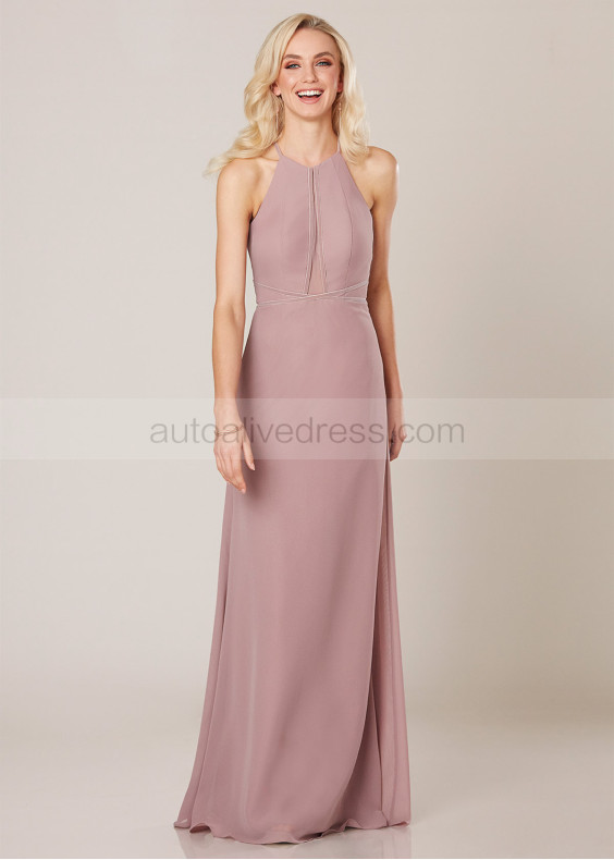 Halter Neck Mauve Chiffon Velvet Trim Bridesmaid Dress
